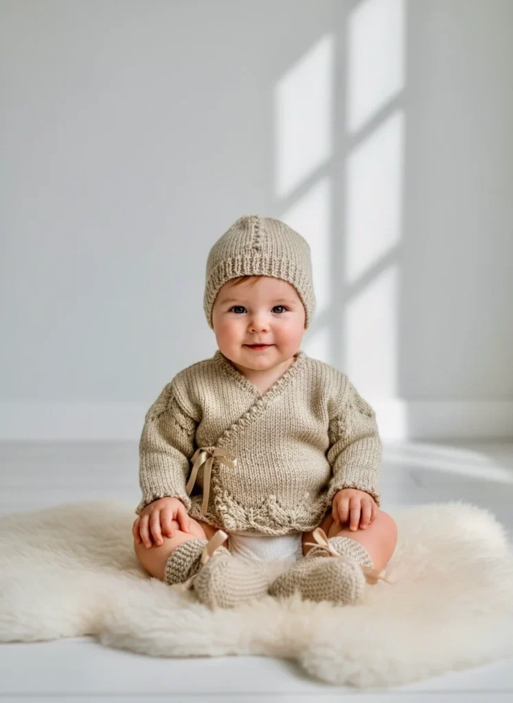 Bébé assis portant un bonnet et un gilet tricotés main beige