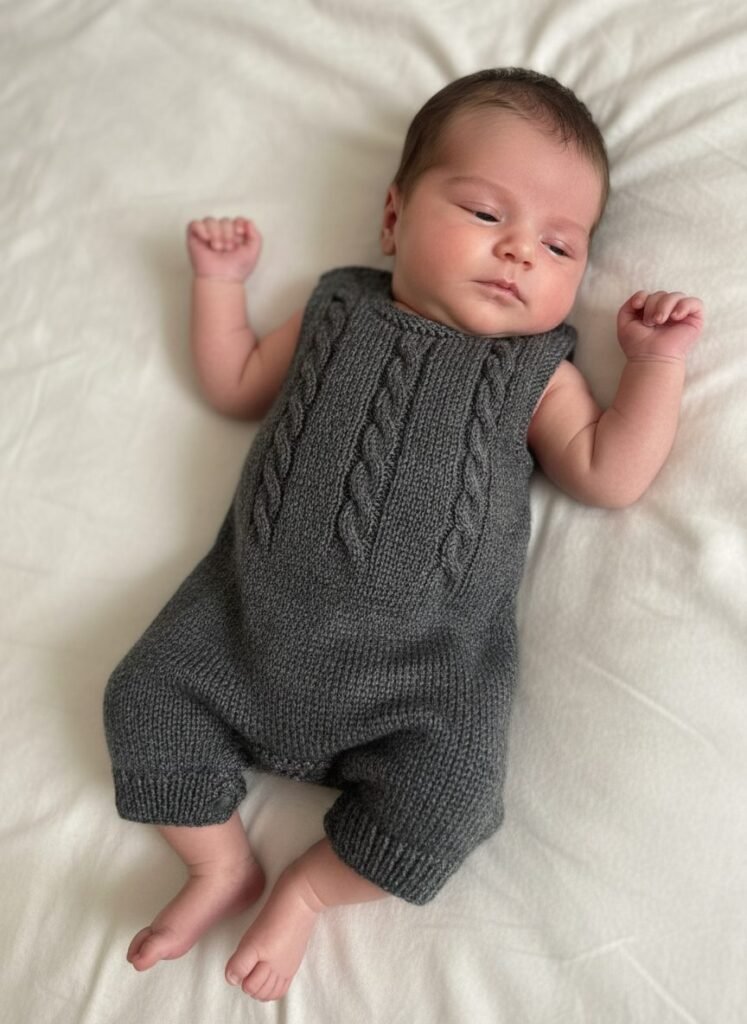 Barboteuse bébé tricotée main gris anthracite, de 3 à 6 mois