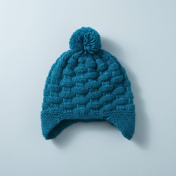 Bonnet bébé à pompon tricoté main bleu pétrole, de 3 à 6 mois