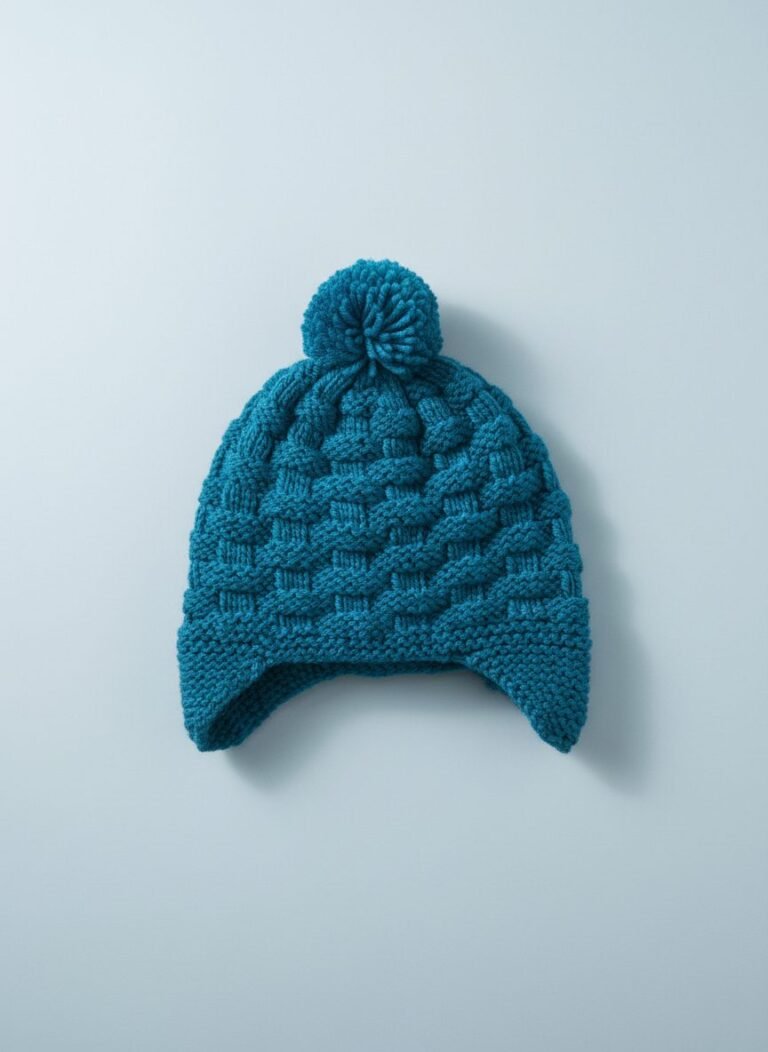 Bonnet bébé à pompon tricoté main bleu pétrole, de 3 à 6 mois