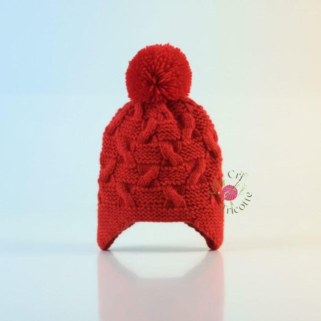 Bonnet bébé à pompon tricoté main rouge, de 3 à 6 mois