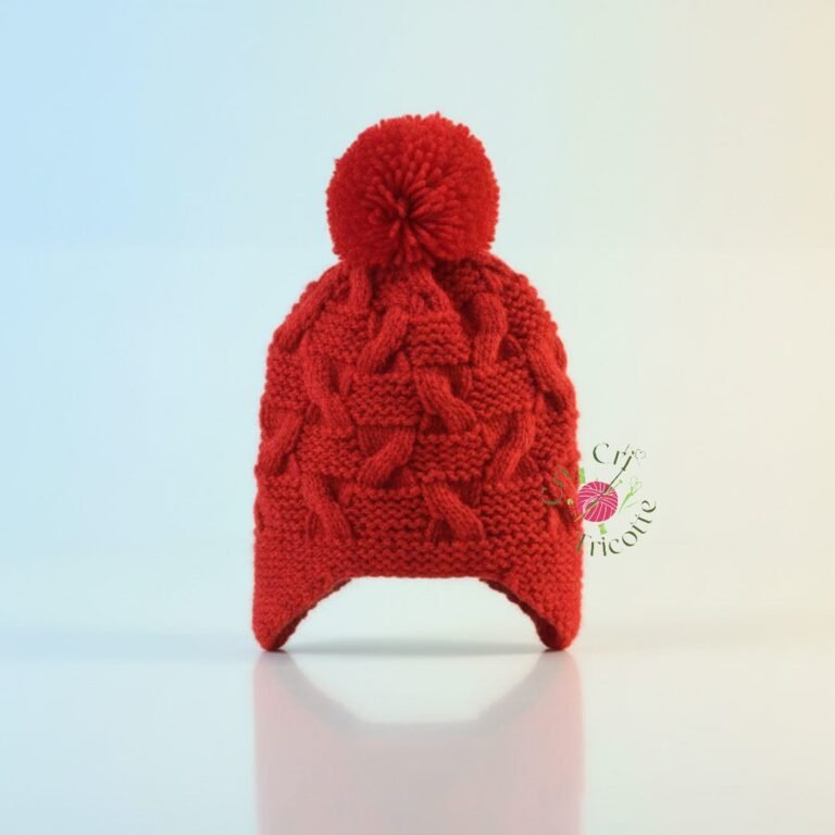 Bonnet bébé à pompon tricoté main rouge, de 3 à 6 mois