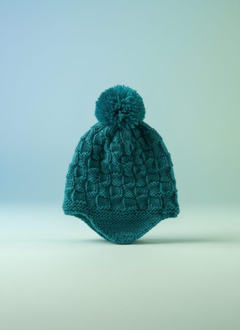Bonnet bébé à pompon tricoté main vert canard, de 3 à 6 mois