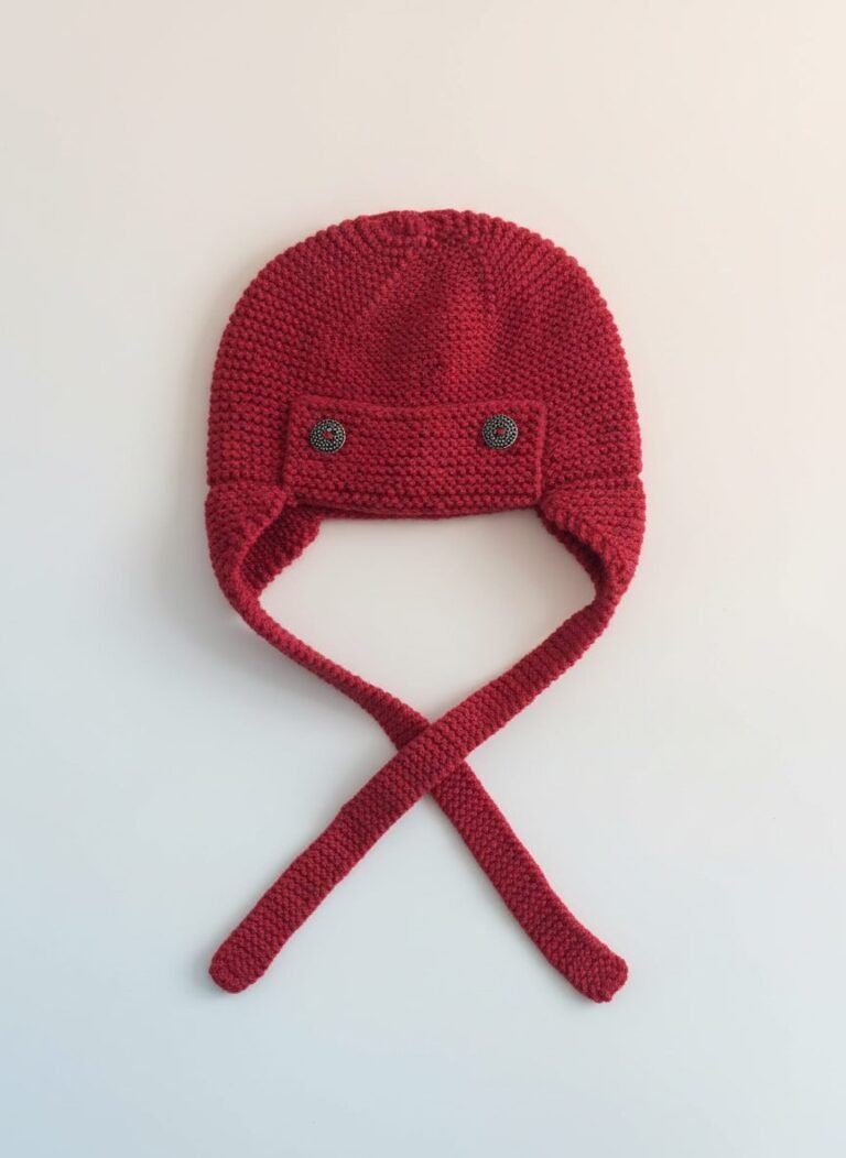 Bonnet bébé aviateur tricoté main rouge framboise, de 3 à 9 mois