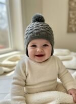 Bonnet bébé point damier tricoté main gris, 6 mois