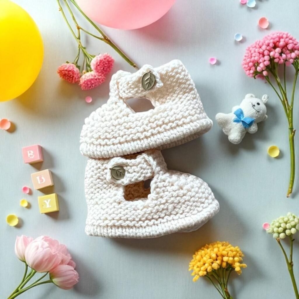 Chaussons bébé babies tricotés main blancs, de 0 à 3 mois
