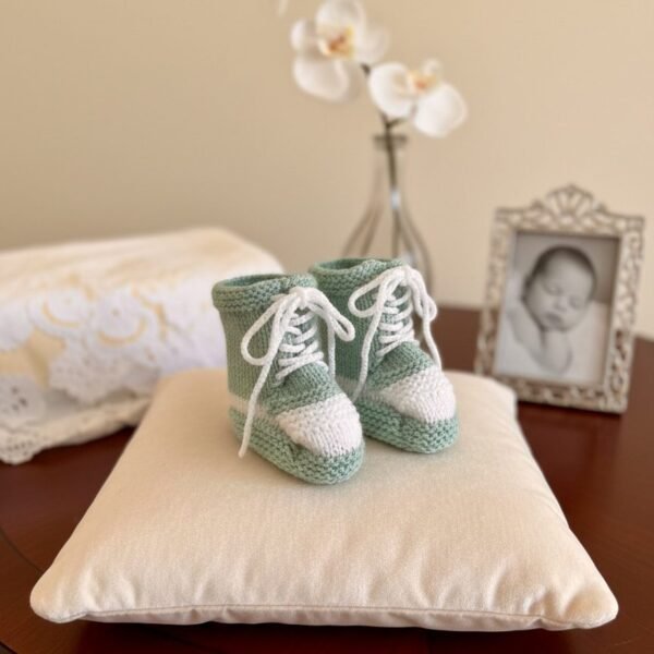 Chaussons bébé façon baskets tricotés main vert d'eau, de 0 à 3 mois