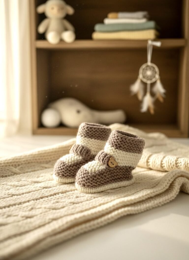 Chaussons bébé tricotés main beige et écru, 3 mois