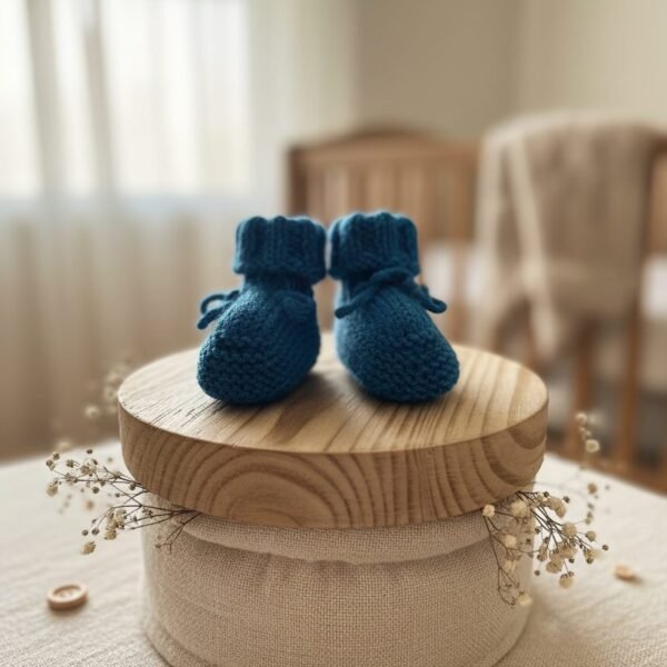 Chaussons bébé tricotés main bleu canard, 3 mois
