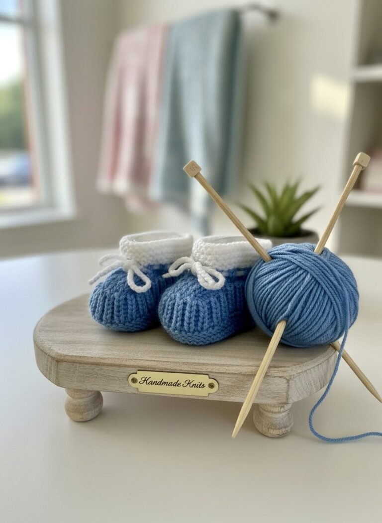 Chaussons bébé tricotés main bleu ciel, de 3 à 6 mois