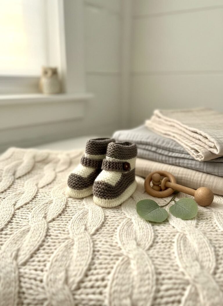 Chaussons bébé tricotés main bleu et marron, 3 mois