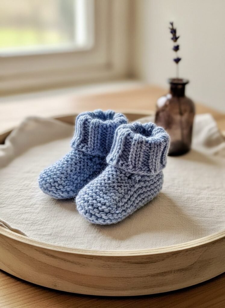 Chaussons bébé tricotés main bleus, de 0 à 3 mois