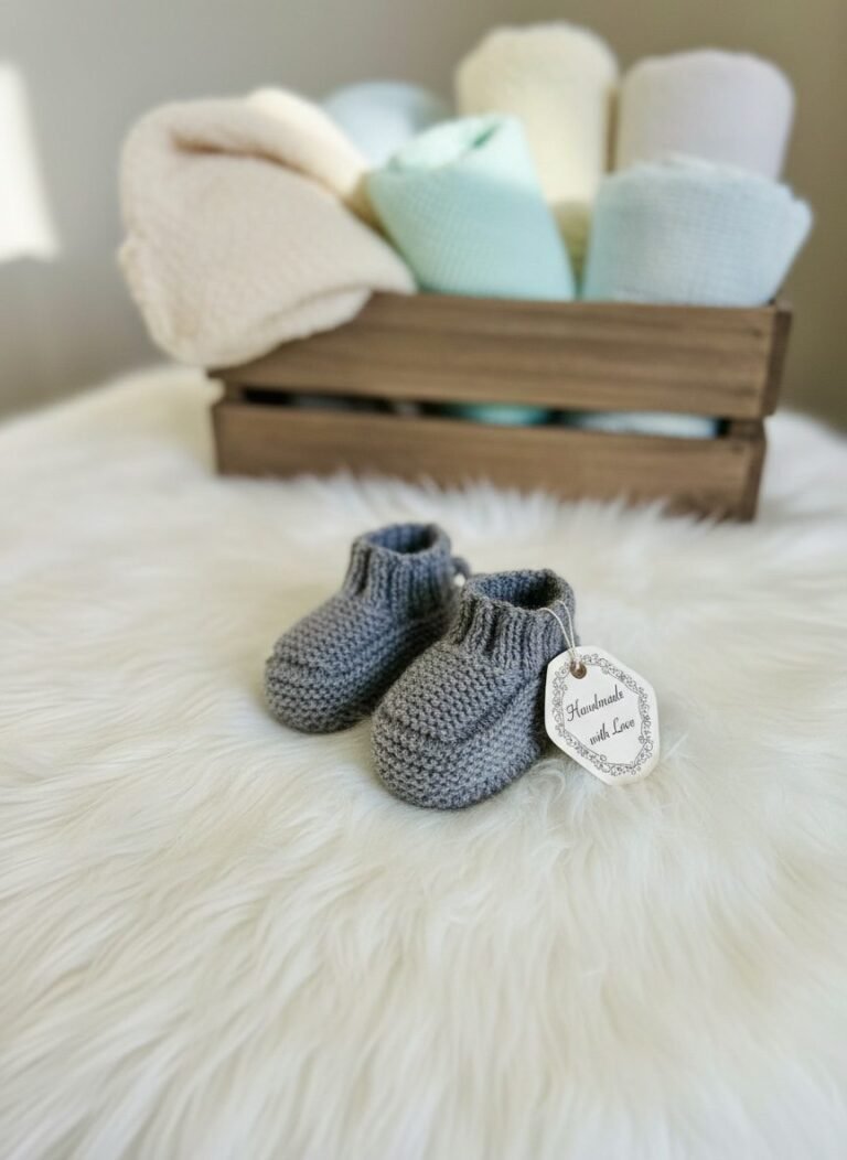 Chaussons bébé tricotés main gris chiné, de 3 à 6 mois