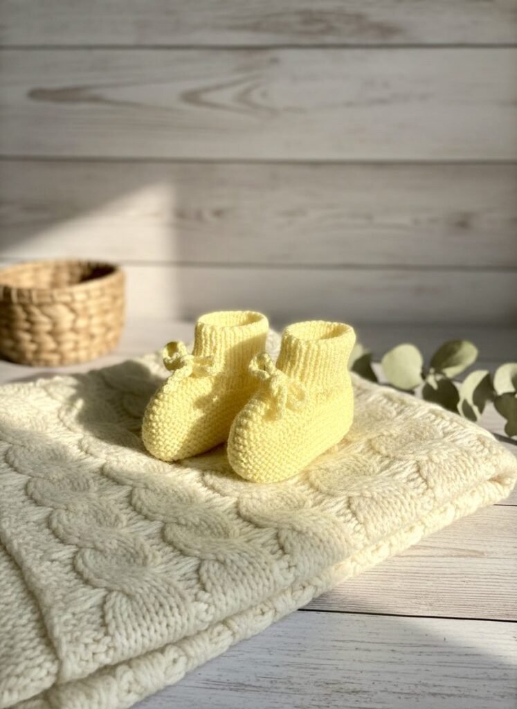 Chaussons bébé tricotés main jaunes par Cri-Cri, de 3 à 6 mois