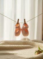 Chaussons bébé tricotés main roses par Cri-Cri, de 3 à 6 mois, vue 2