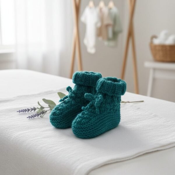 Chaussons bébé tricotés main vert canard, de 3 à 6 mois