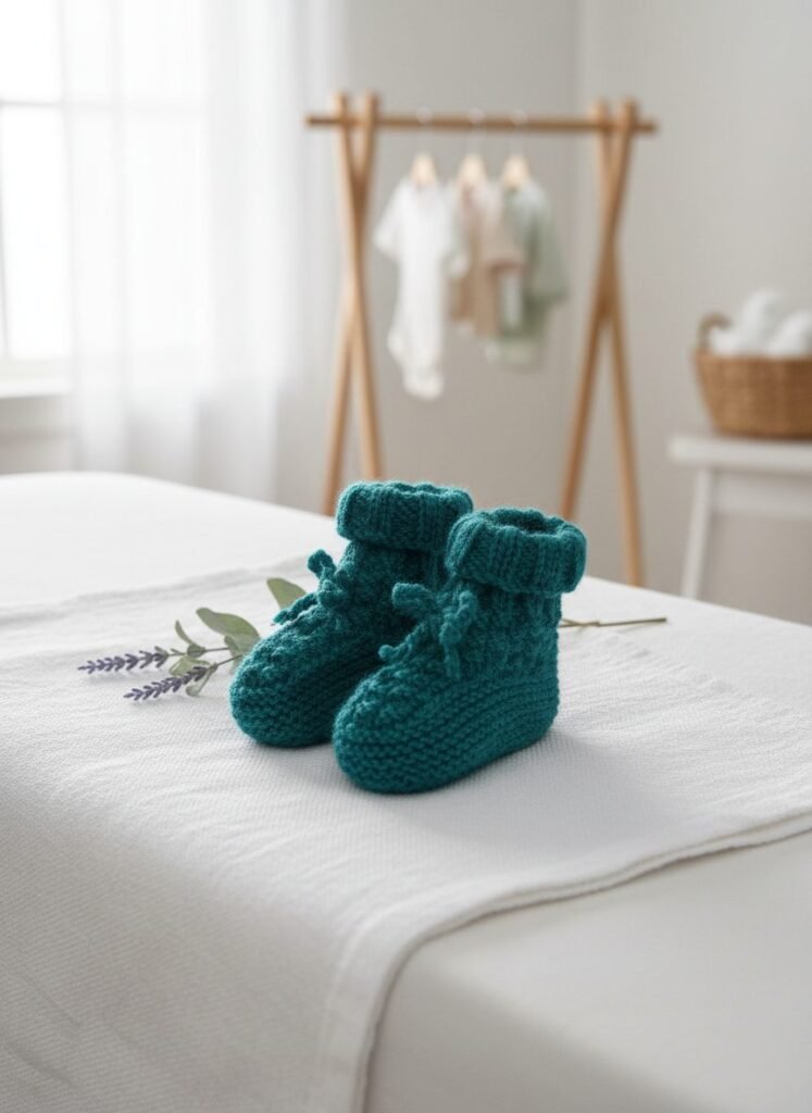 Chaussons bébé tricotés main vert canard, de 3 à 6 mois