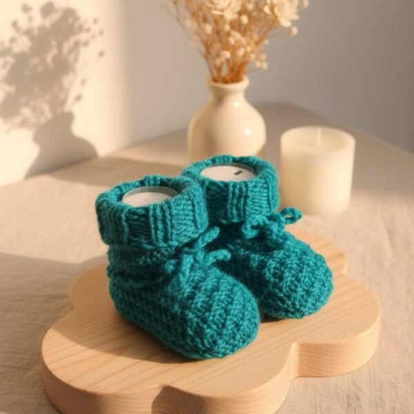 Chaussons bébé tricotés main vert canard, de 3 à 6 mois