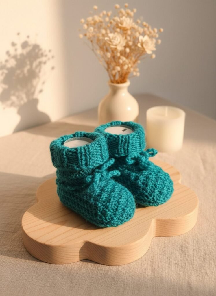 Chaussons bébé tricotés main vert canard, de 3 à 6 mois
