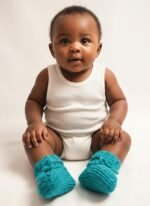 Chaussons bébé tricotés main vert canard, de 3 à 6 mois, vue 2