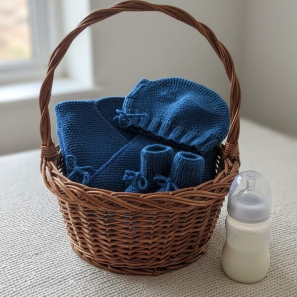 Ensemble bébé bonnet, brassière et chaussons tricoté main par Cri-Cri, de 6 à 9 mois