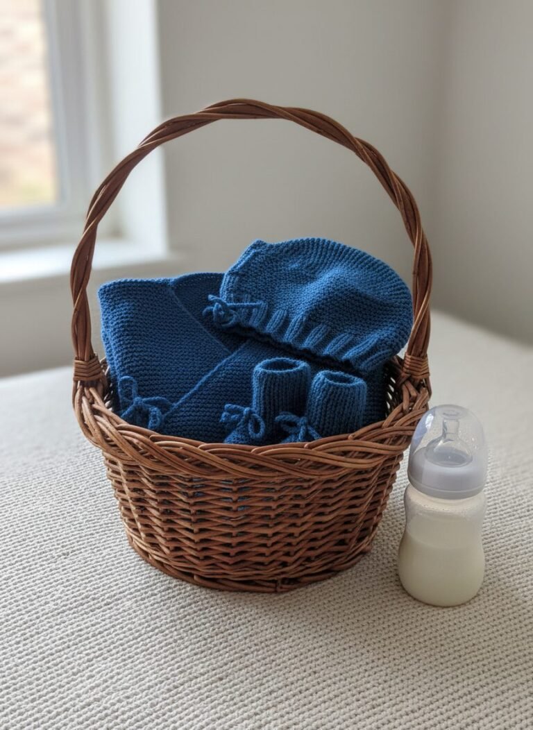 Ensemble bébé bonnet, brassière et chaussons tricoté main par Cri-Cri, de 6 à 9 mois