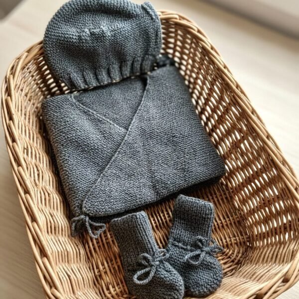 Ensemble bébé bonnet, brassière et chaussons tricoté main gris chiné, de 6 à 9 mois