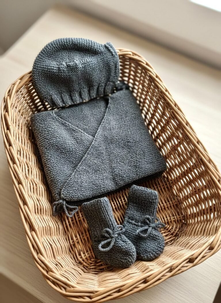 Ensemble bébé bonnet, brassière et chaussons tricoté main gris chiné, de 6 à 9 mois