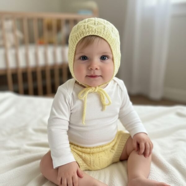 Ensemble bonnet et bloomer bébé tricoté main jaune canard, de 6 à 9 mois