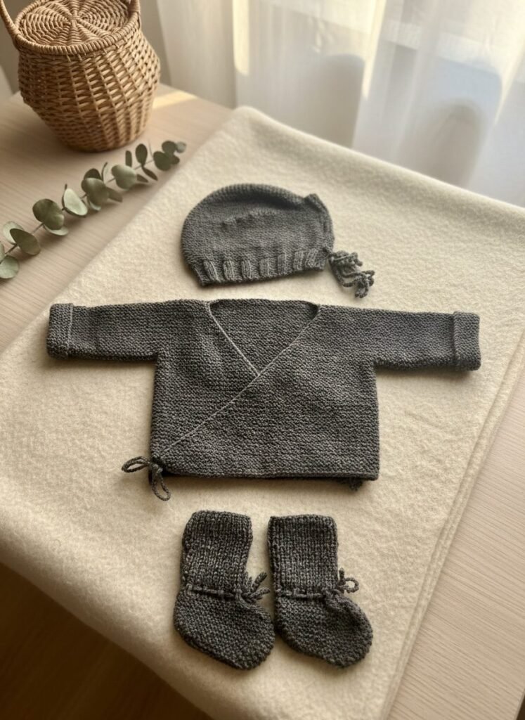 Ensemble bonnet et brassière bébé tricoté main gris chiné, de 6 à 9 mois
