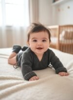Ensemble bonnet et brassière bébé tricoté main gris chiné, de 6 à 9 mois, vue 2
