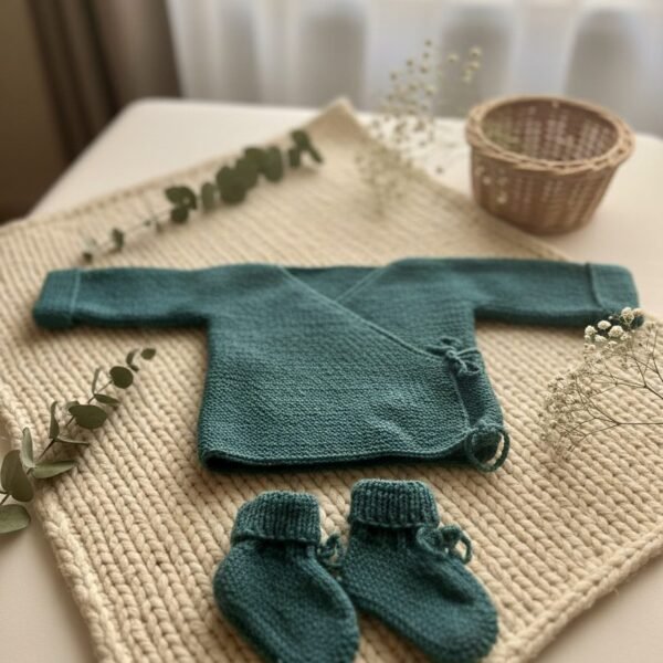 Ensemble bonnet et brassière bébé tricoté main vert, de 6 à 9 mois