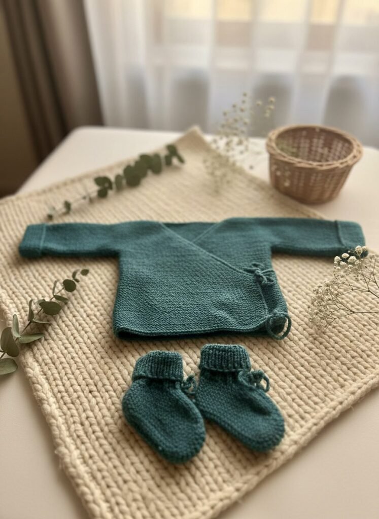 Ensemble bonnet et brassière bébé tricoté main vert, de 6 à 9 mois