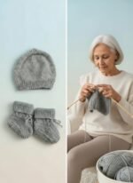 Ensemble bonnet et chaussons bébé tricoté main, de 0 à 3 mois