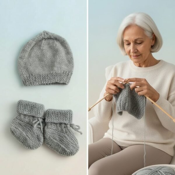 Ensemble bonnet et chaussons bébé tricoté main, de 0 à 3 mois