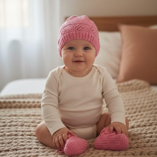 Ensemble bonnet et chaussons bébé tricoté main par Cri-Cri, de 6 à 9 mois