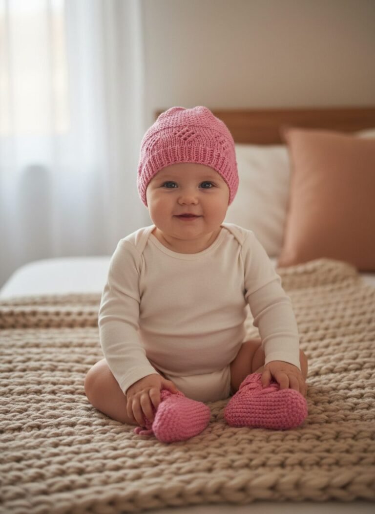 Ensemble bonnet et chaussons bébé tricoté main par Cri-Cri, de 6 à 9 mois