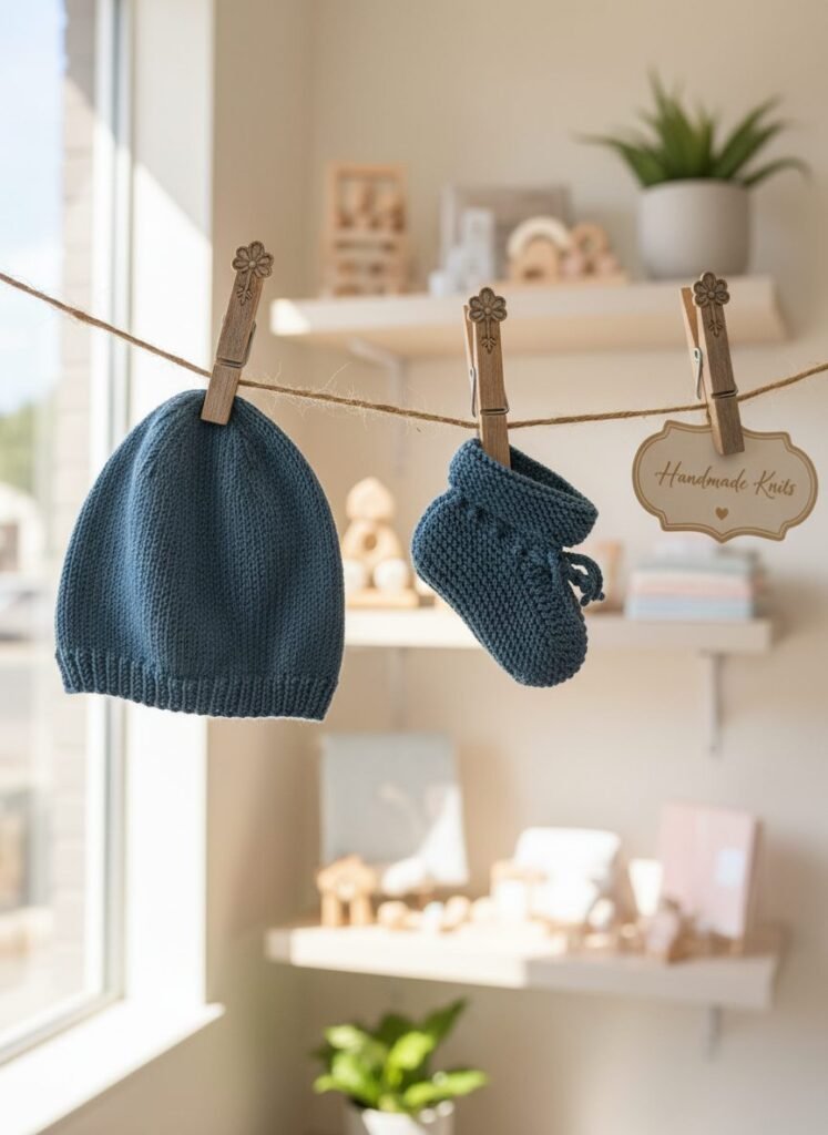 Ensemble bonnet et chaussons bébé tricoté main, de 9 à 12 mois