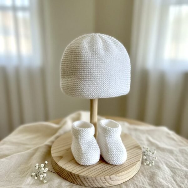 Ensemble bonnet et chaussons bébé tricoté main blanc, de 0 à 6 mois