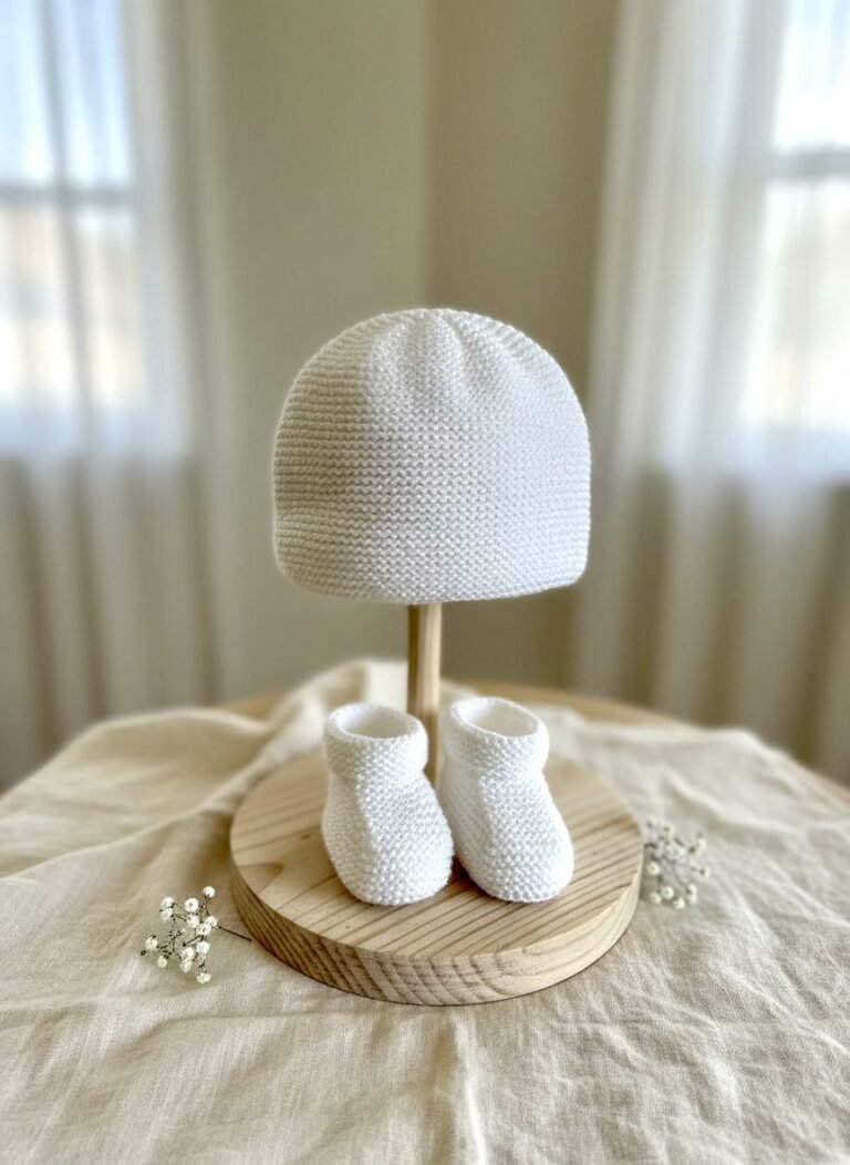 Ensemble bonnet et chaussons bébé tricoté main blanc, de 0 à 6 mois