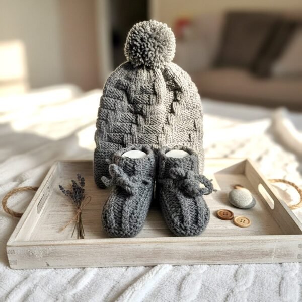 Ensemble bonnet et chaussons bébé tricoté main gris, de 6 à 9 mois