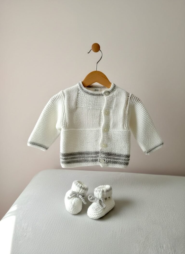 Ensemble brassière et chaussons bébé tricoté main gris, de 0 à 3 mois