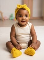 Ensemble chaussons et bandeau bébé tricoté main, de 3 à 6 mois