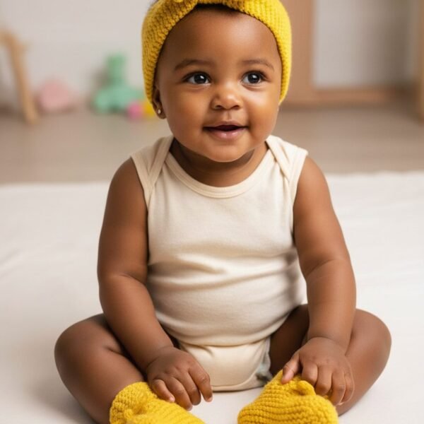 Ensemble chaussons et bandeau bébé tricoté main, de 3 à 6 mois