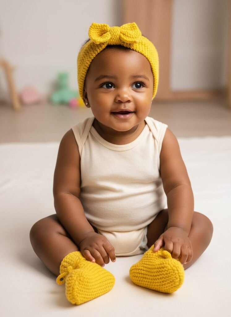 Ensemble chaussons et bandeau bébé tricoté main, de 3 à 6 mois