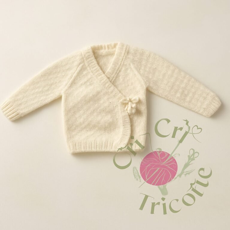 Gilet bébé croisé tricoté main en mérinos par Cri-Cri, de 3 à 6 mois