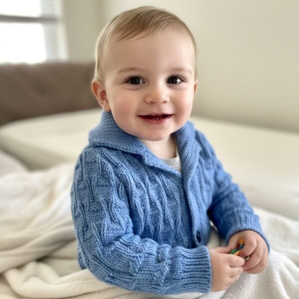 Gilet bébé tricoté main bleu, de 6 à 9 mois
