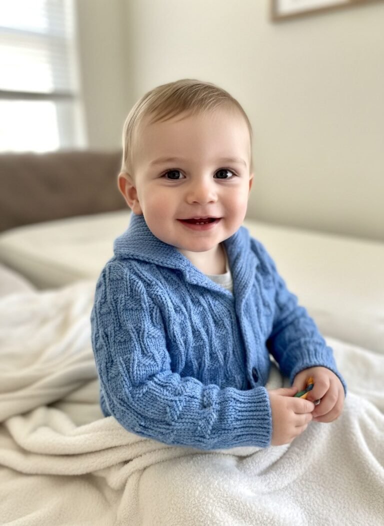 Gilet bébé tricoté main bleu, de 6 à 9 mois
