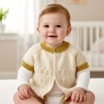 Gilet bébé tricoté main écru et moutarde